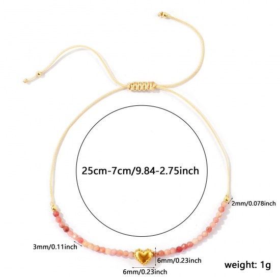 Imagen de Corazón Rosado Con Cuentas 304 Acero Inoxidable & Gema Pulsera de Tobillo Trenzada Ajustable Al Por Mayor, Chapado en Oro de 18K PVD Ecológico, Mujeres día de San Valentín Elegante Regalo Suministro de Joyería, 26cm - 8cm longitud, 1 Unidad
