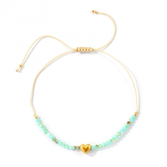 Imagen de Corazón Verde Claro Con Cuentas 304 Acero Inoxidable & Gema Pulsera de Tobillo Trenzada Ajustable Al Por Mayor, Chapado en Oro de 18K PVD Ecológico, Mujeres día de San Valentín Elegante Regalo Suministro de Joyería, 26cm - 8cm longitud, 1 Unidad