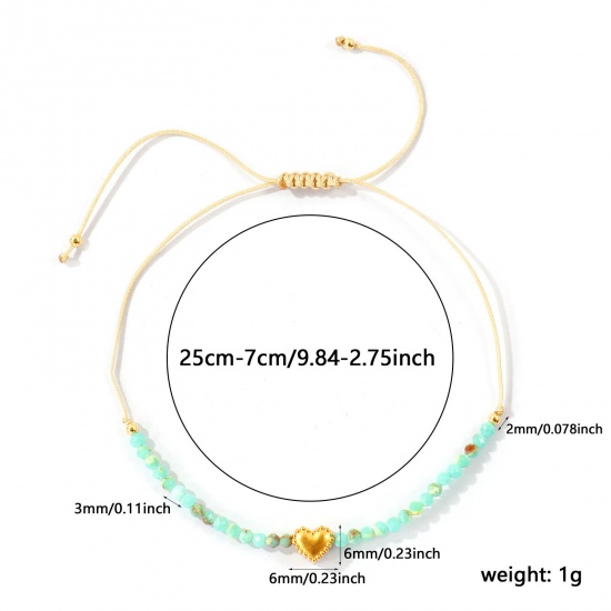 Imagen de Corazón Verde Claro Con Cuentas 304 Acero Inoxidable & Gema Pulsera de Tobillo Trenzada Ajustable Al Por Mayor, Chapado en Oro de 18K PVD Ecológico, Mujeres día de San Valentín Elegante Regalo Suministro de Joyería, 26cm - 8cm longitud, 1 Unidad