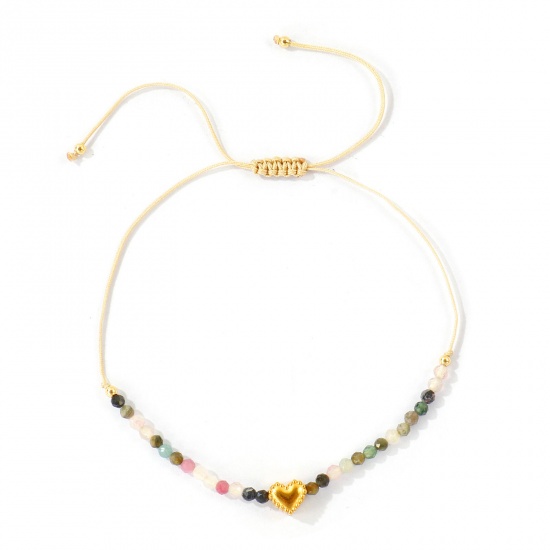 Imagen de Corazón Multicolor Con Cuentas 304 Acero Inoxidable & Gema Pulsera de Tobillo Trenzada Ajustable Al Por Mayor, Chapado en Oro de 18K PVD Ecológico, Mujeres día de San Valentín Elegante Regalo Suministro de Joyería, 26cm - 8cm longitud, 1 Unidad