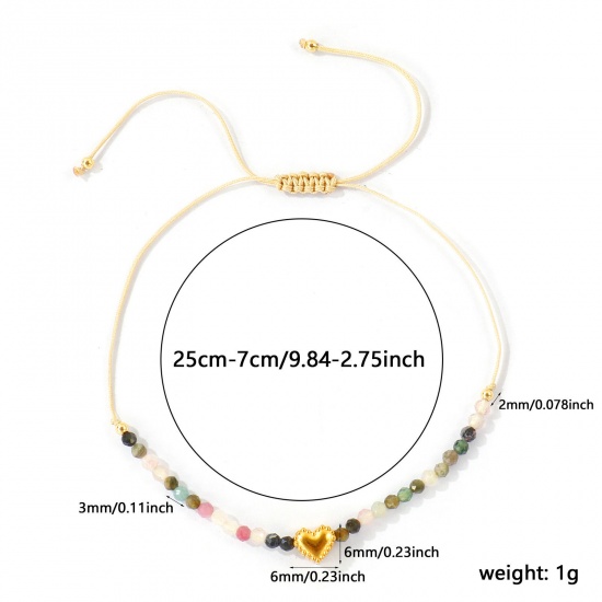 Imagen de Corazón Multicolor Con Cuentas 304 Acero Inoxidable & Gema Pulsera de Tobillo Trenzada Ajustable Al Por Mayor, Chapado en Oro de 18K PVD Ecológico, Mujeres día de San Valentín Elegante Regalo Suministro de Joyería, 26cm - 8cm longitud, 1 Unidad