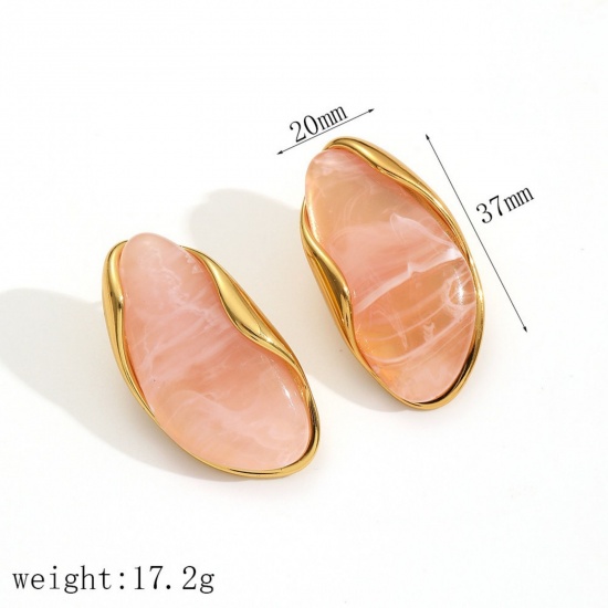 Imagen de Estilo Ins Elegante Pendientes de Poste de Oreja Al Por Mayor, Rosado Chapado en Oro de 18K 304 Acero Inoxidable & Resina, Mujeres Respetuoso del Medio Ambiente Regalo Suministro de Joyería, 37mm x 20mm, 1 Par