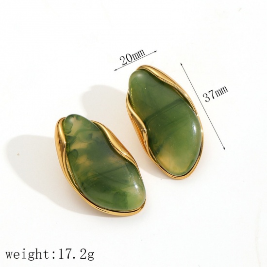 Imagen de Estilo Ins Elegante Pendientes de Poste de Oreja Al Por Mayor, Verde Chapado en Oro de 18K 304 Acero Inoxidable & Resina, Mujeres Respetuoso del Medio Ambiente Regalo Suministro de Joyería, 37mm x 20mm, 1 Par