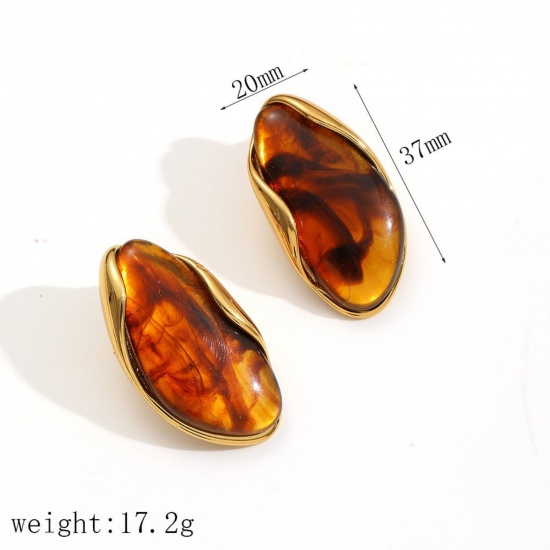 Imagen de Estilo Ins Elegante Pendientes de Poste de Oreja Al Por Mayor, Marrón Chapado en Oro de 18K 304 Acero Inoxidable & Resina, Mujeres Respetuoso del Medio Ambiente Regalo Suministro de Joyería, 37mm x 20mm, 1 Par