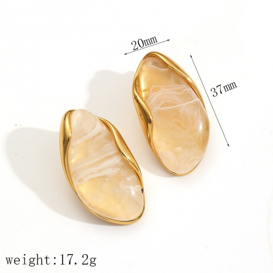 Imagen de Estilo Ins Elegante Pendientes de Poste de Oreja Al Por Mayor, Blanco Crema Chapado en Oro de 18K 304 Acero Inoxidable & Resina, Mujeres Respetuoso del Medio Ambiente Regalo Suministro de Joyería, 37mm x 20mm, 1 Par
