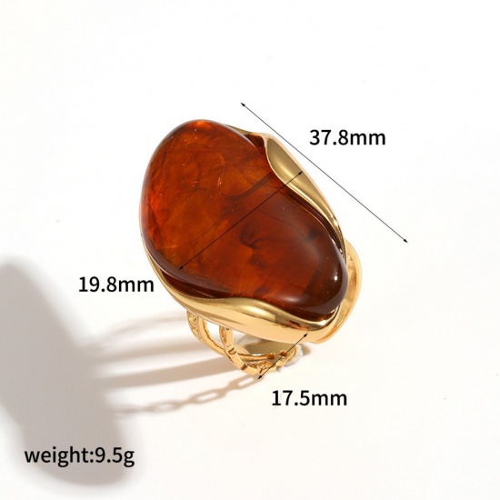 Imagen de Estilo Ins Elegante Anillos Al Por Mayor, Marrón Ajustable Chapado en Oro de 18K 304 Acero Inoxidable & Resina, Mujeres Respetuoso del Medio Ambiente Regalo Suministro de Joyería, 17.5mm Dia., 1 Unidad