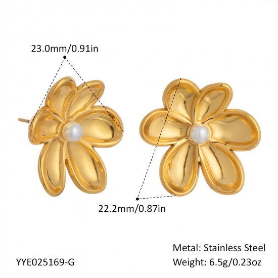 Bild von Großhandel Frauen Geschenk Blumen Imitat Perle Ohrring Ohrstecker, 18K Vergoldet 304 Edelstahl, Umweltfreundliche PVD Exquisit Stilvoll Schmuckbedarf, 23mm x 22mm, 1 Stück