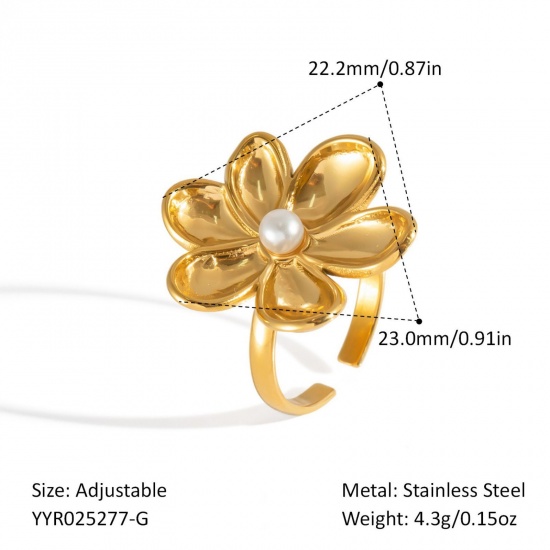 Bild von Großhandel Frauen Geschenk Blumen Imitat Perle Offen Verstellbar Ring, 18K Vergoldet 304 Edelstahl, Umweltfreundliche PVD Exquisit Stilvoll Schmuckbedarf, 23mm x 22mm, 1 Stück