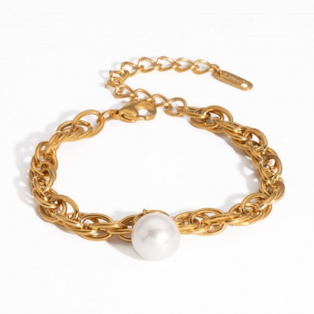 Immagine di Imitata Perla 304 Acciaio Inossidabile & Acrilato Braccialetti All'Ingrosso, Placcato Oro 18K PVD Ecologica, Donne Squisito Elegante Regalo Fornitura di Gioielli, 17.5cm + 5cm Lunghezza, 1 Pz