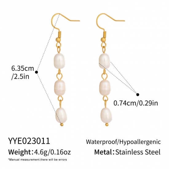 Imagen de Joyería del océano Elegante Borla Pendientes Al Por Mayor, Blanco Chapado en Oro de 18K Acero Inoxidable 304 & Perla Natural, Mujeres PVD Ecológico Regalo Suministro de Joyería, 6.3cm, 1 Par