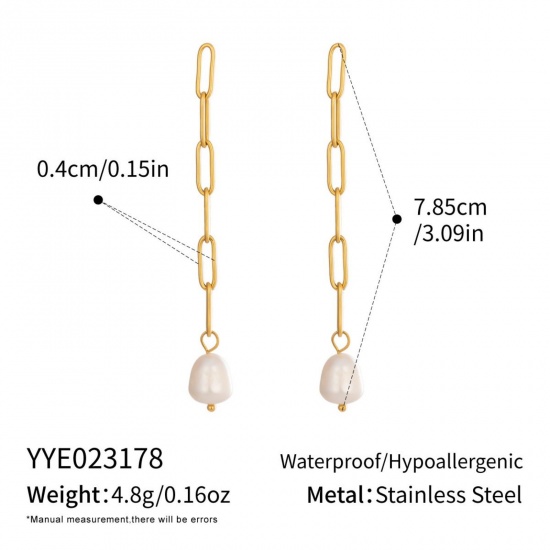 Imagen de Joyería del océano Elegante Borla Pendientes Al Por Mayor, Blanco Chapado en Oro de 18K Acero Inoxidable 304 & Perla Natural, Mujeres PVD Ecológico Regalo Suministro de Joyería, 7.8cm, 1 Par