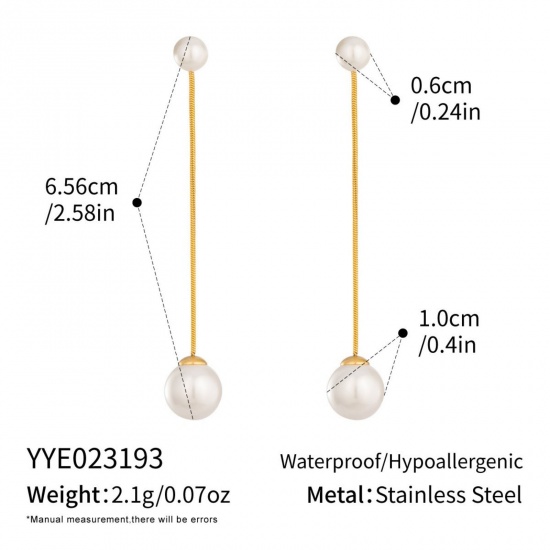 Imagen de Joyería del océano Elegante Borla Pendientes Al Por Mayor, Blanco Imitación de perla Chapado en Oro de 18K 304 Acero Inoxidable & Acrílico, Mujeres PVD Ecológico Regalo Suministro de Joyería, 6.5cm, 1 Par