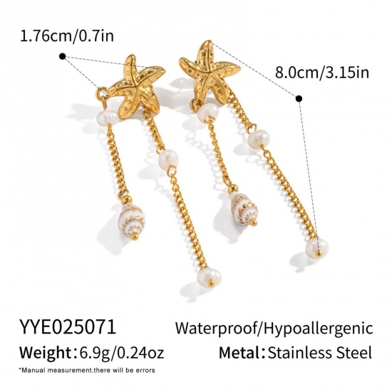 Imagen de Joyería del océano Elegante Borla Pendientes Al Por Mayor, Estrella de mar Blanco Chapado en Oro de 18K Acero Inoxidable 304 & Perla Natural, Mujeres PVD Ecológico Regalo Suministro de Joyería, 8cm, 1 Par