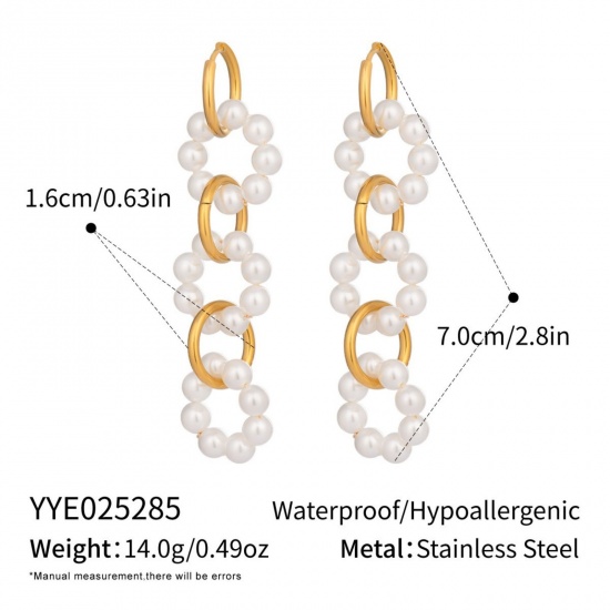 Imagen de Joyería del océano Elegante Borla Pendientes Al Por Mayor, Blanco Imitación de perla Chapado en Oro de 18K 304 Acero Inoxidable & Acrílico, Mujeres PVD Ecológico Regalo Suministro de Joyería, 7cm, 1 Par