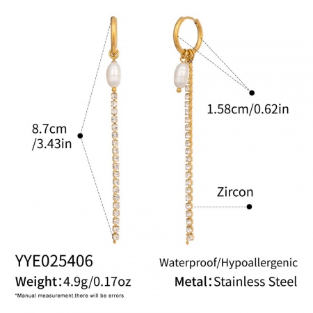 Picture of Wholesale Ocean Jewelry Stylish Tassel Earrings, Clear Rhinestone White 18K Gold Plated 304 Stainless Steel & Natural Pearl, Women's Eco-friendly PVD Gift Jewelry Supply, 8.7cm, 1 Pair