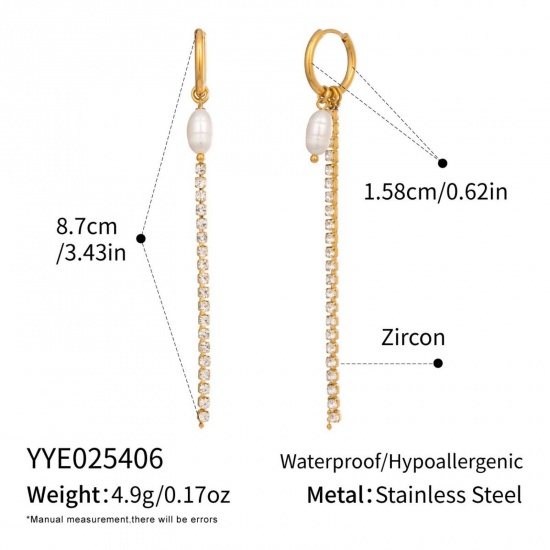 Imagen de Joyería del océano Elegante Borla Pendientes Al Por Mayor, Transparente Rhinestone Blanco Chapado en Oro de 18K Acero Inoxidable 304 & Perla Natural, Mujeres PVD Ecológico Regalo Suministro de Joyería, 8.7cm, 1 Par