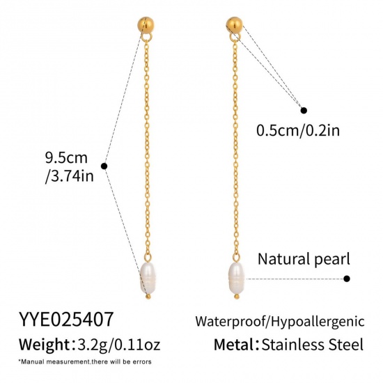 Imagen de Joyería del océano Elegante Borla Pendientes Al Por Mayor, Blanco Chapado en Oro de 18K Acero Inoxidable 304 & Perla Natural, Mujeres PVD Ecológico Regalo Suministro de Joyería, 9.5cm, 1 Par