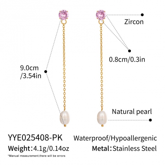 Imagen de Joyería del océano Elegante Borla Pendientes Al Por Mayor, Amatista Rhinestone Blanco Chapado en Oro de 18K Acero Inoxidable 304 & Perla Natural, Mujeres PVD Ecológico Regalo Suministro de Joyería, 9cm, 1 Par