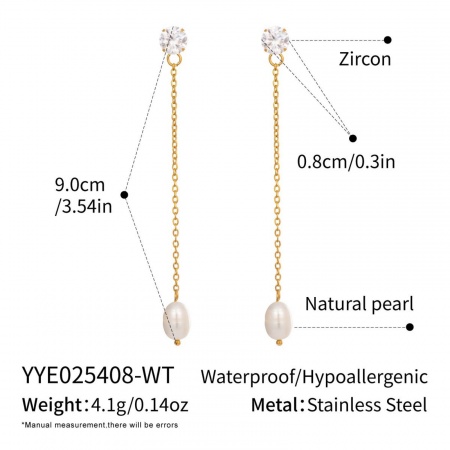 Picture of Wholesale Ocean Jewelry Stylish Tassel Earrings, Clear Rhinestone White 18K Gold Plated 304 Stainless Steel & Natural Pearl, Women's Eco-friendly PVD Gift Jewelry Supply, 9cm, 1 Pair