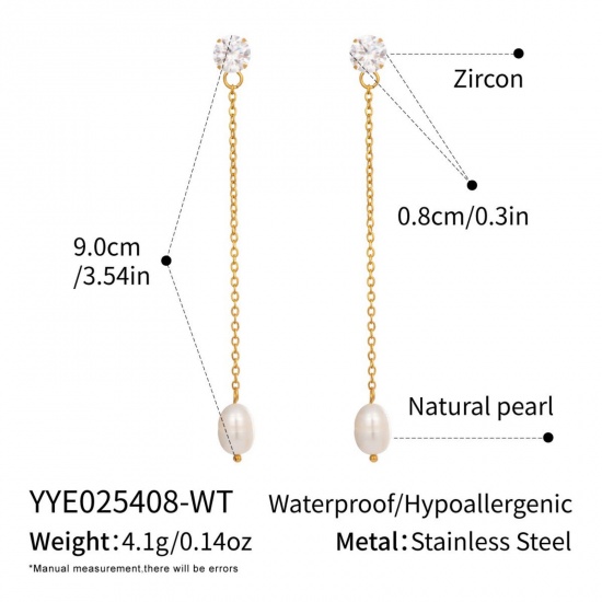Imagen de Joyería del océano Elegante Borla Pendientes Al Por Mayor, Transparente Rhinestone Blanco Chapado en Oro de 18K Acero Inoxidable 304 & Perla Natural, Mujeres PVD Ecológico Regalo Suministro de Joyería, 9cm, 1 Par