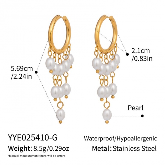Imagen de Joyería del océano Elegante Borla Pendientes Al Por Mayor, Blanco Imitación de perla Chapado en Oro de 18K 304 Acero Inoxidable & Acrílico, Mujeres PVD Ecológico Regalo Suministro de Joyería, 6.7cm, 1 Par