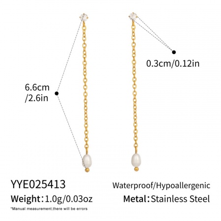 Picture of Wholesale Ocean Jewelry Stylish Tassel Earrings, Clear Rhinestone White 18K Gold Plated 304 Stainless Steel & Natural Pearl, Women's Eco-friendly PVD Gift Jewelry Supply, 6.6cm, 1 Pair