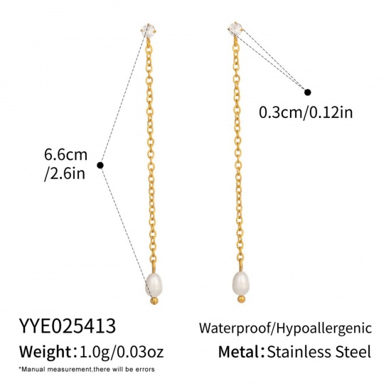 Imagen de Joyería del océano Elegante Borla Pendientes Al Por Mayor, Transparente Rhinestone Blanco Chapado en Oro de 18K Acero Inoxidable 304 & Perla Natural, Mujeres PVD Ecológico Regalo Suministro de Joyería, 6.6cm, 1 Par