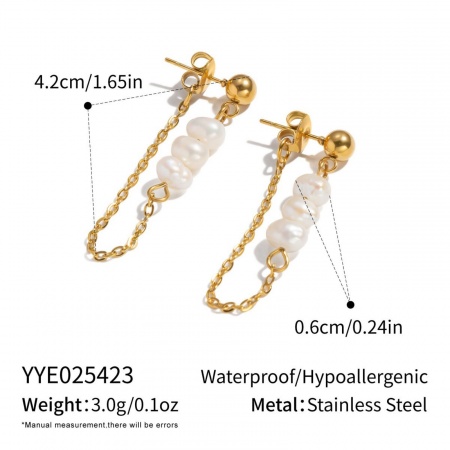 Picture of Wholesale Ocean Jewelry Stylish Tassel Earrings, White 18K Gold Plated 304 Stainless Steel & Natural Pearl, Women's Eco-friendly PVD Gift Jewelry Supply, 4.2cm, 1 Pair