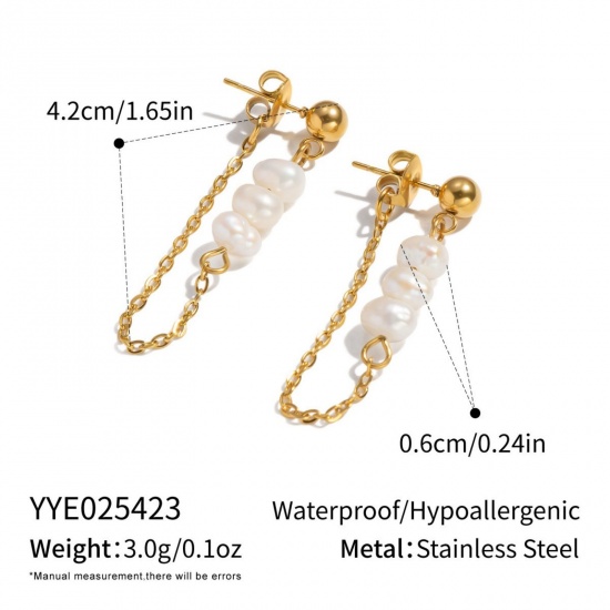 Imagen de Joyería del océano Elegante Borla Pendientes Al Por Mayor, Blanco Chapado en Oro de 18K Acero Inoxidable 304 & Perla Natural, Mujeres PVD Ecológico Regalo Suministro de Joyería, 4.2cm, 1 Par