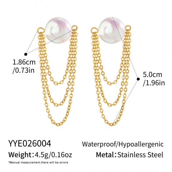 Imagen de Joyería del océano Elegante Borla Pendientes Al Por Mayor, Blanco Chapado en Oro de 18K Acero Inoxidable 304 & Perla Natural, Mujeres PVD Ecológico Regalo Suministro de Joyería, 5cm, 1 Par