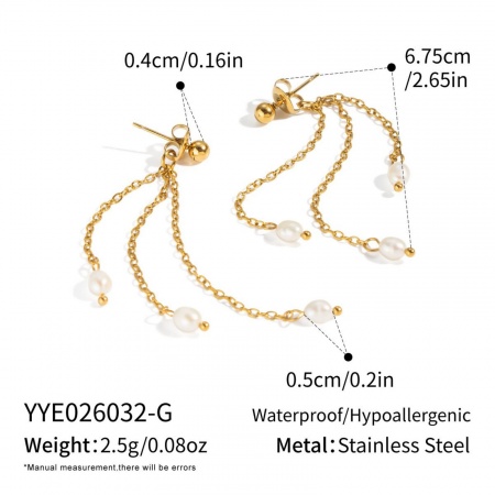 Picture of Wholesale Ocean Jewelry Stylish Tassel Earrings, White 18K Gold Plated 304 Stainless Steel & Natural Pearl, Women's Eco-friendly PVD Gift Jewelry Supply, 6.7cm, 1 Pair