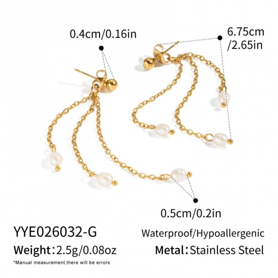 Imagen de Joyería del océano Elegante Borla Pendientes Al Por Mayor, Blanco Chapado en Oro de 18K Acero Inoxidable 304 & Perla Natural, Mujeres PVD Ecológico Regalo Suministro de Joyería, 6.7cm, 1 Par