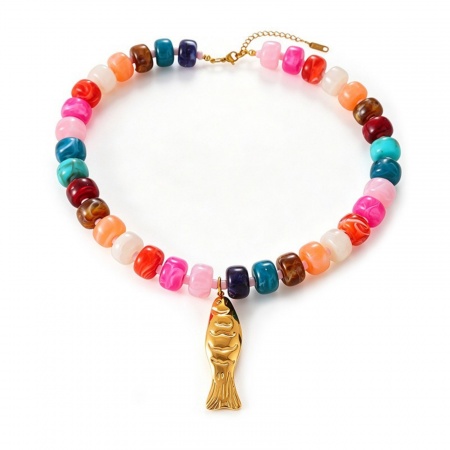 Picture of Wholesale Fish Animal Multicolor Beaded Pendant Charm Necklace, 18K Gold Plated 304 Stainless Steel & Resin Women's Eco-friendly PVD Ocean Jewelry Stylish Gift Jewelry For Retailer, 42cm(16.5") long, 1 Piece