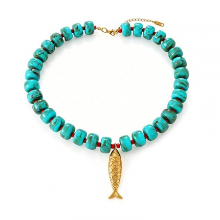 Picture of Wholesale Fish Animal Green Beaded Pendant Charm Necklace, 18K Gold Plated 304 Stainless Steel & Resin Women's Eco-friendly PVD Ocean Jewelry Stylish Gift Jewelry For Retailer, 42cm(16.5") long, 1 Piece