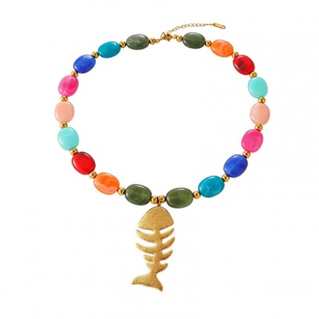 Picture of Wholesale Fish Bone Multicolor Beaded Pendant Charm Necklace, 18K Gold Plated 304 Stainless Steel & Resin Women's Eco-friendly PVD Ocean Jewelry Stylish Gift Jewelry For Retailer, 45cm(17.7") long, 1 Piece
