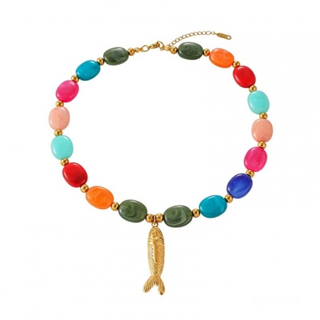 Picture of Wholesale Fish Animal Multicolor Beaded Pendant Charm Necklace, 18K Gold Plated 304 Stainless Steel & Resin Women's Eco-friendly PVD Ocean Jewelry Stylish Gift Jewelry For Retailer, 45cm(17.7") long, 1 Piece