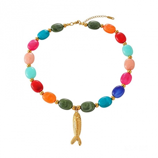 Picture of Wholesale Fish Animal Multicolor Beaded Pendant Charm Necklace, 18K Gold Plated 304 Stainless Steel & Resin Women's Eco-friendly PVD Ocean Jewelry Stylish Gift Jewelry For Retailer, 45cm(17.7") long, 1 Piece