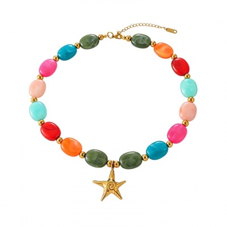 Picture of Wholesale Starfish Multicolor Beaded Pendant Charm Necklace, 18K Gold Plated 304 Stainless Steel & Resin Women's Eco-friendly PVD Ocean Jewelry Stylish Gift Jewelry For Retailer, 45cm(17.7") long, 1 Piece