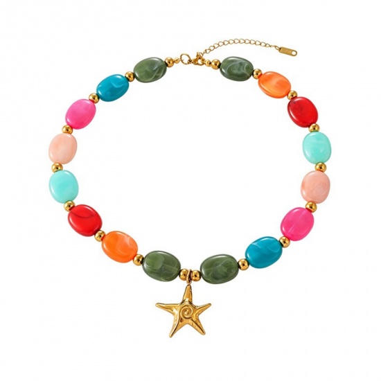 Picture of Wholesale Starfish Multicolor Beaded Pendant Charm Necklace, 18K Gold Plated 304 Stainless Steel & Resin Women's Eco-friendly PVD Ocean Jewelry Stylish Gift Jewelry For Retailer, 45cm(17.7") long, 1 Piece