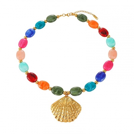 Picture of Wholesale Shell Multicolor Beaded Pendant Charm Necklace, 18K Gold Plated 304 Stainless Steel & Resin Women's Eco-friendly PVD Ocean Jewelry Stylish Gift Jewelry For Retailer, 44cm(17.3") long, 1 Piece