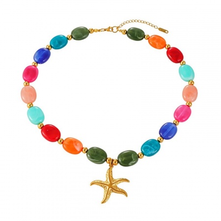 Picture of Wholesale Starfish Multicolor Beaded Pendant Charm Necklace, 18K Gold Plated 304 Stainless Steel & Resin Women's Eco-friendly PVD Ocean Jewelry Stylish Gift Jewelry For Retailer, 44cm(17.3") long, 1 Piece