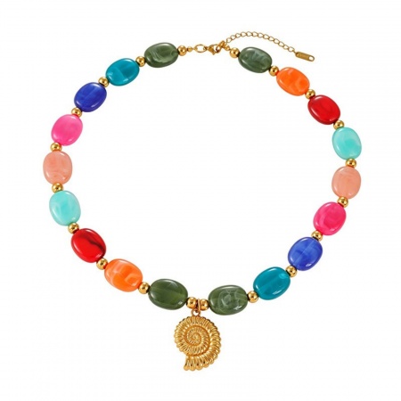 Picture of Wholesale Conch/ Sea Snail Multicolor Beaded Pendant Charm Necklace, 18K Gold Plated 304 Stainless Steel & Resin Women's Eco-friendly PVD Ocean Jewelry Stylish Gift Jewelry For Retailer, 44cm(17.3") long, 1 Piece