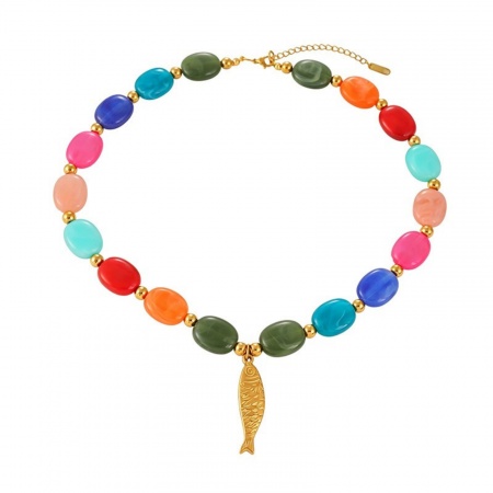 Picture of Wholesale Fish Animal Multicolor Beaded Pendant Charm Necklace, 18K Gold Plated 304 Stainless Steel & Resin Women's Eco-friendly PVD Ocean Jewelry Stylish Gift Jewelry For Retailer, 44cm(17.3") long, 1 Piece