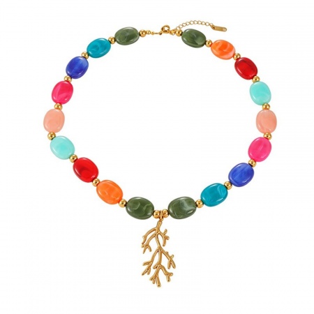 Picture of Wholesale Coral Multicolor Beaded Pendant Charm Necklace, 18K Gold Plated 304 Stainless Steel & Resin Women's Eco-friendly PVD Ocean Jewelry Stylish Gift Jewelry For Retailer, 44cm(17.3") long, 1 Piece