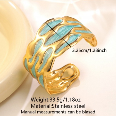 Immagine di Struttura Verde Blu Smalto 304 Acciaio Inossidabile Aprire Braccialetti All'Ingrosso, Placcato Oro 18K Donne Squisito Elegante Regalo Fornitura di Gioielli, 5.5cm Dia., 1 Pz