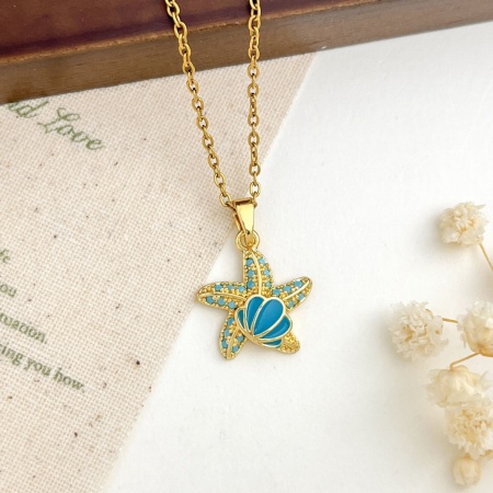 Picture of Wholesale Starfish Shell Brass Blue Rhinestone Pendant Charm Necklace, 18K Gold Plated 304 Stainless Steel Link Cable Chain, Women's Ocean Jewelry Exquisite Gift Jewelry For Retailer, 40cm(15.7") + 5cm(2") long, 1 Piece