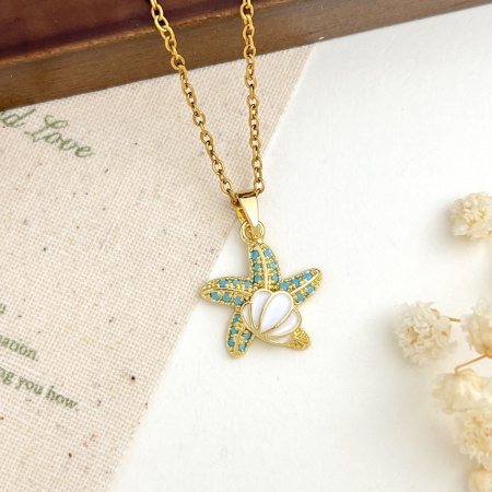 Picture of Wholesale Starfish Shell White Brass Enamel Blue Rhinestone Pendant Charm Necklace, 18K Gold Plated 304 Stainless Steel Link Cable Chain, Women's Ocean Jewelry Exquisite Gift Jewelry For Retailer, 40cm(15.7") + 5cm(2") long, 1 Piece