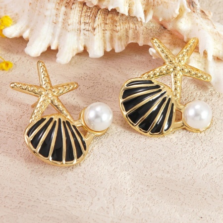 Picture of Wholesale Ocean Jewelry Stylish Ear Post Stud Earrings, Starfish Shell Black Enamel 18K Gold Plated 304 Stainless Steel, Women's Gift Jewelry Supply, 3.1cm x 2.3cm, 1 Pair