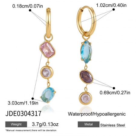 Immagine di Wholesale Stylish Exquisite Asymmetric Earrings, Geometric Tassel Multicolour Cubic Zirconia 18K Real Gold Plated 304 Stainless Steel, Women's Eco-friendly PVD Gift Jewelry Supply, 4cm, 1 Pair