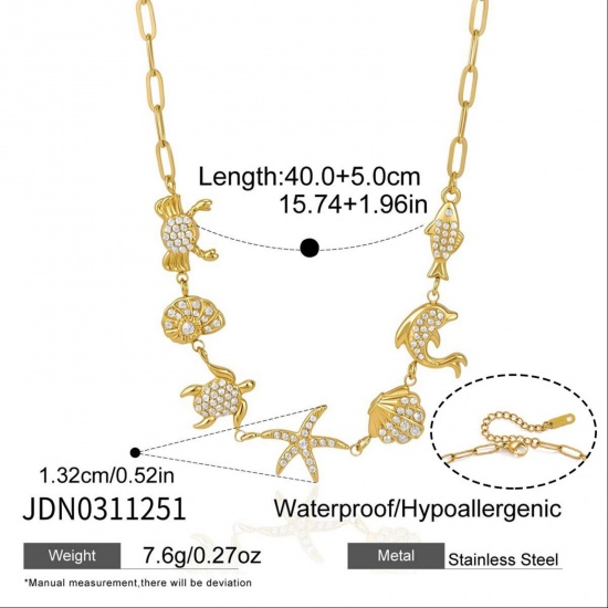 Picture of Wholesale Starfish Tortoise Clear Cubic Zirconia Pendant Charm Necklace, 18K Real Gold Plated 304 Stainless Steel Paperclip Link Chain, Women's Eco-friendly PVD Ocean Jewelry Exquisite Gift Jewelry For Retailer, 40cm(15.7") + 5cm(2") long, 1 Piece